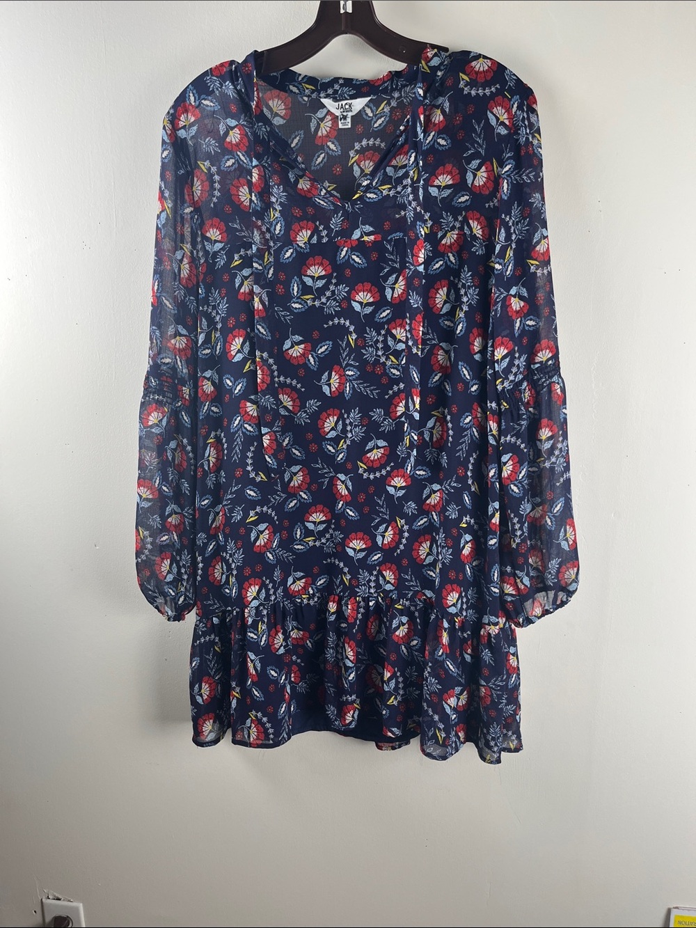 Jack by BB Dakota Navy Floral Ruffle-Hem Long Sleeve Tunic